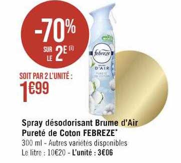spray désodorisant brume d'air pureté de coton febreze