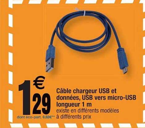 câble chargeur usb et données, usb vers micro-usb longueur 1 m