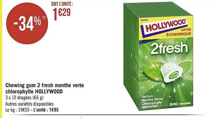 chewing gum 2 fresh menthe verte chlorophylle hollywood