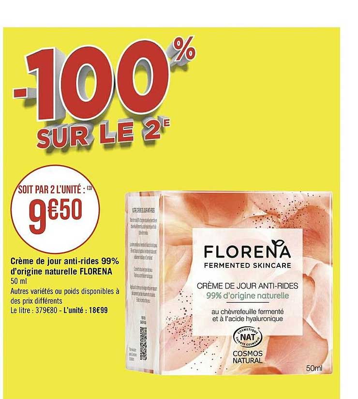 crème de jour anti-rides 99% d'origine naturelle florena