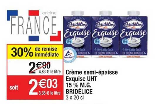 crème semi-épaisse exquise uht 15% m.g. bridélice