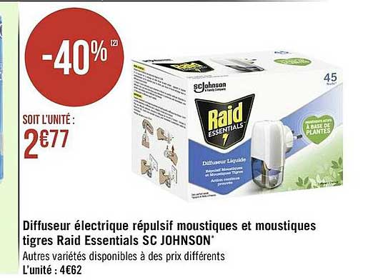 diffuseur électrique répulsif moustiques et moustiques tigres raid essentials sc johnson
