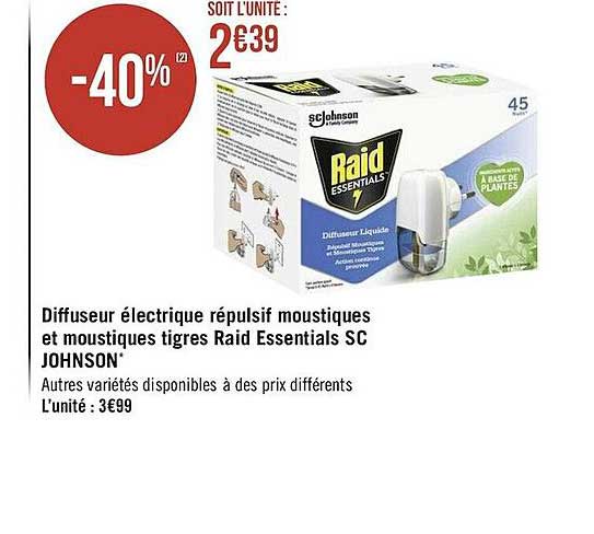 diffuseur électrique répulsif moustiques et moustiques tigres raid essentials sc johnson