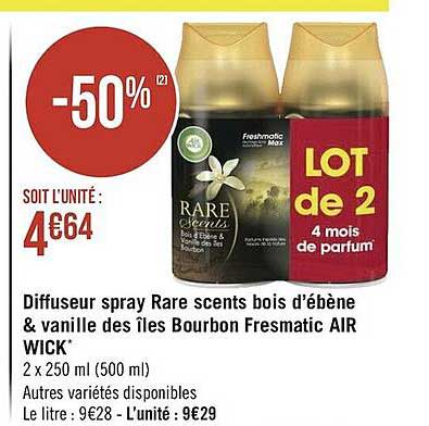 diffuseur spray rare scents bois d'ébène & vanille des îles bourbon freshmatic air wick
