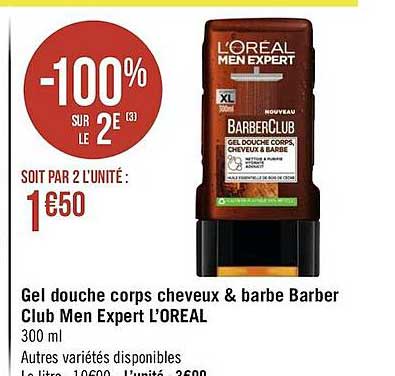 gel douche corps cheveux & barbe barber club men expert l'oréal