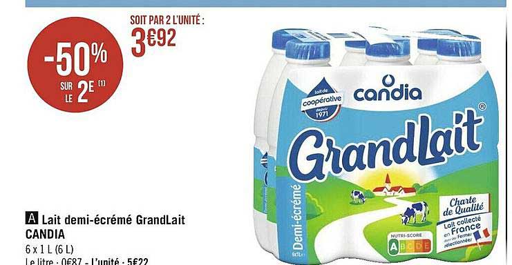 lait demi-écrémé grandlait candia