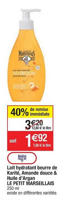 lait hydratant beurre de karité, amande douce & huile d'argan le petit marseillais