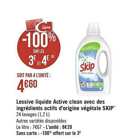 lessive liquide active clean avec des ingrédients actifs d'origine végétale skip