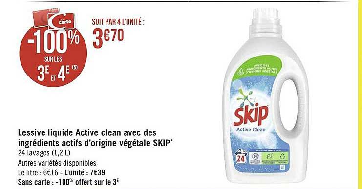 lessive liquide active clean avec des ingrédients actifs d'origine végétale skip