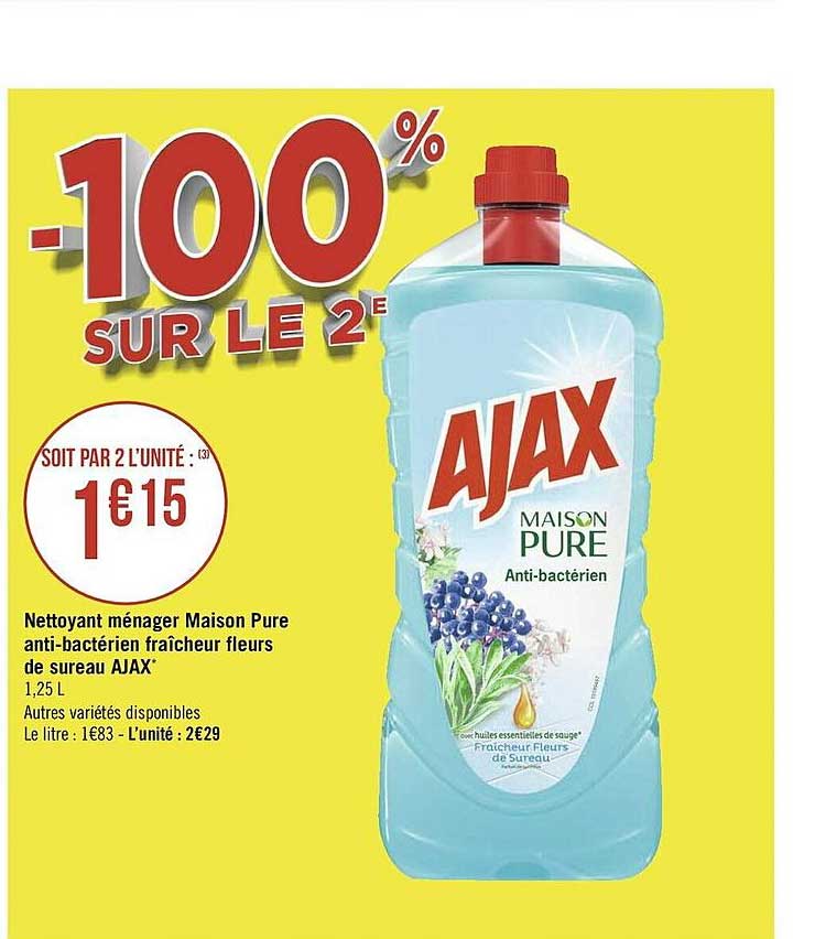nettoyant ménager maison pure anti-bactérien fraîcheur fleurs de sureau ajax