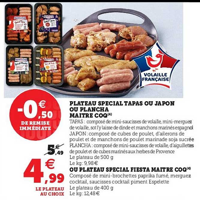 plateau spécial tapas ou japon ou plancha maître coq ou plateau spécial fiesta maître coq