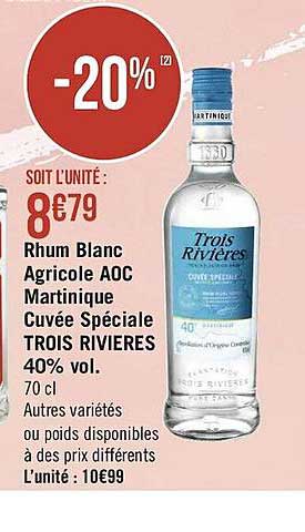 rhum blanc agricole aoc martinique cuvée spéciale trois rivières 40% vol.