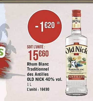 rhum blanc traditionnel des antilles old nick 40% vol.