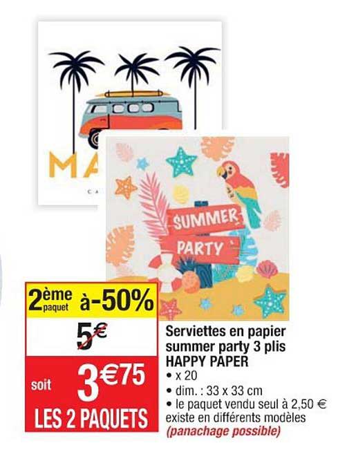 serviettes en papier summer party 3 plis happy paper