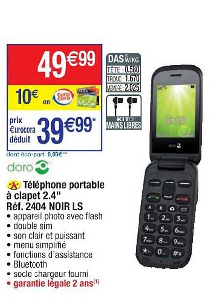 téléphone portable à clapet 2.4" doro 2404 noir ls