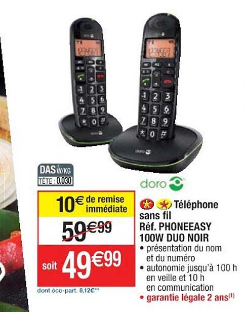 téléphone sans fil doro phoneeasy 100w duo noir
