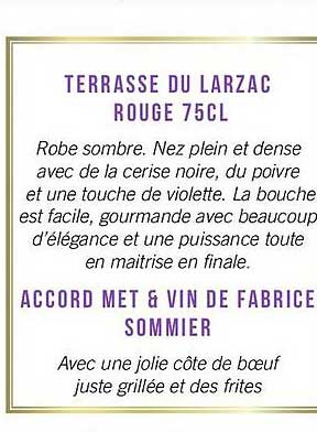terrasse du larzac rouge 75 cl, accord met & vin de fabrice sommier