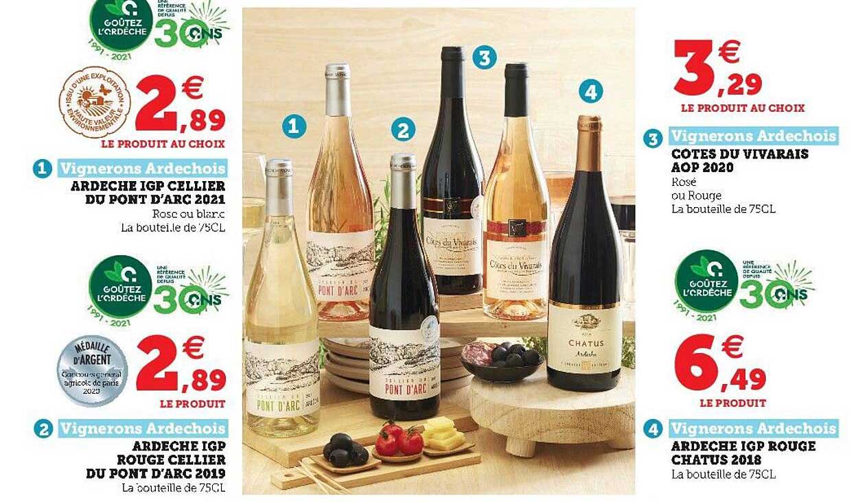 Ardèche Igp Cellier Du Pont D'arc 2021 Vignerons Ardechois, Ardèche Igp Rouge Cellier Du Pont D'arc 2019, Côtes Du Vivarais Aop 2020, Ardèche Igp Rouge Chatus 2018