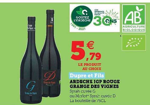 ardèche igp rouge grange des vignes dupre et fils