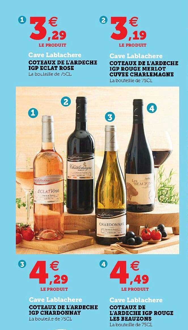 coteaux de l'ardèche igp éclat rose, coteaux de l'ardèche igp rouge merlot cuvée charlemagne, coteaux de l'ardèche igp chardonnay, coteaux de l'ardèche igp rouge les beauzons
