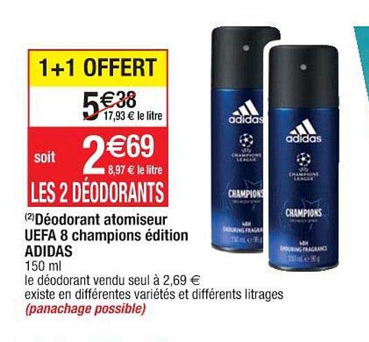 déodorant atomiseur uefa 8 champions édition adidas 1+1 offert