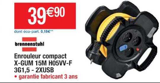 enrouleur compact x-gum 15 m h05vv-f 3g1,5-2 x usb brennenstuhl