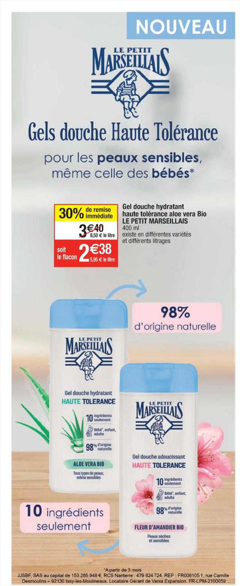 gel douche hydratant haute tolérance aloé vera bio le petit marseillais