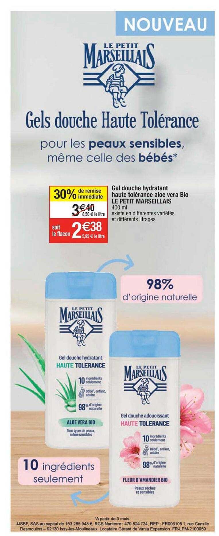 gel douche hydratant haute tolérance aloé Véra bio le petit marseillais