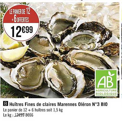 huîtres fines de claires marennes oléron n°3 bio