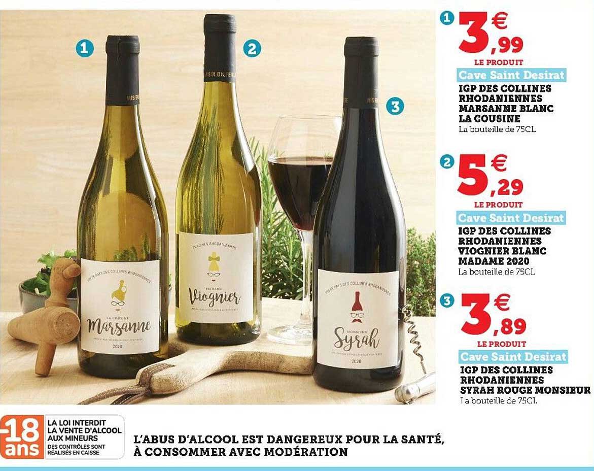 igp des collines rhodaniennes marsanne blanc la cousine, igp des collines rhodaniennes viognier blanc madame 2020, igp des collines rhodanniennes syrah rouge monsieur cave saint désirat