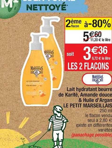 lait hydratant beurre de karité amande douce & huile d'argan le petit marseillais 2ème flacon à -80%
