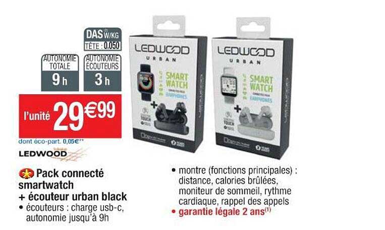 Ledwood Pack Connecté Smartwatch + écouteur Urban Black