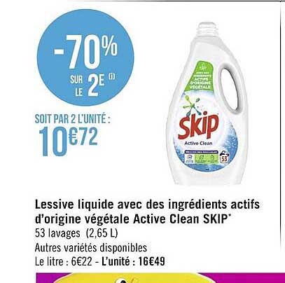 lessive liquide avec des ingrédients actifs d'origine végétale active clean skip