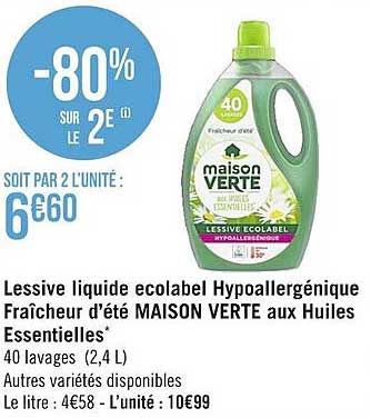 lessive liquide ecolabel hypoallergénique fraîcheur d'été maison verte aux huiles essentielles