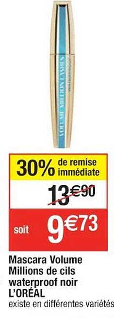 mascara volume millions de cils waterproof noir l'oréal 30% remise immédiate