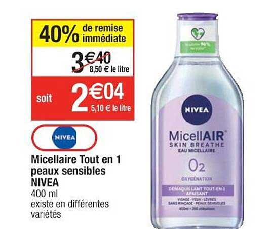 micellaire tout en 1 peaux sensibles nivea 40% remise immédiate