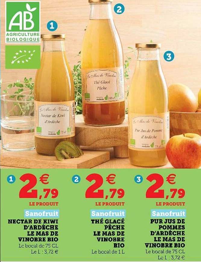 nectar de kiwi d'ardèche le mas de vinobre bio sanofruit, thé glacé pêche le mas de vinobre bio sanofruit, pur jus de pommes d'ardèche le mas de vinobre bio