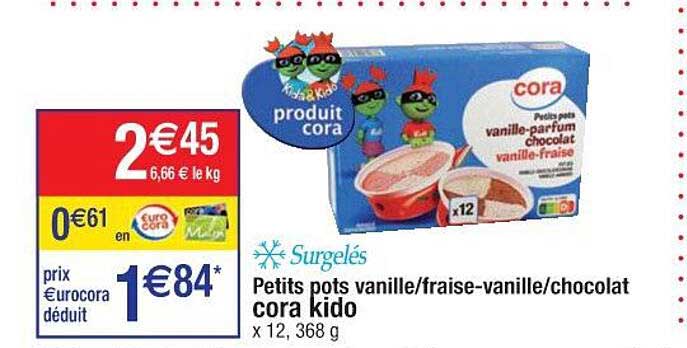 petits pots vanille-fraise-vanille-chocolat cora kido