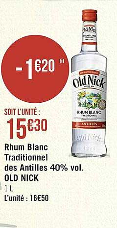 rhum blanc traditionnel des antilles 40% vol. old nick