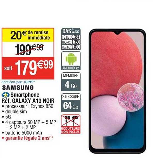 samsung smartphone réf. galaxy a13 noir