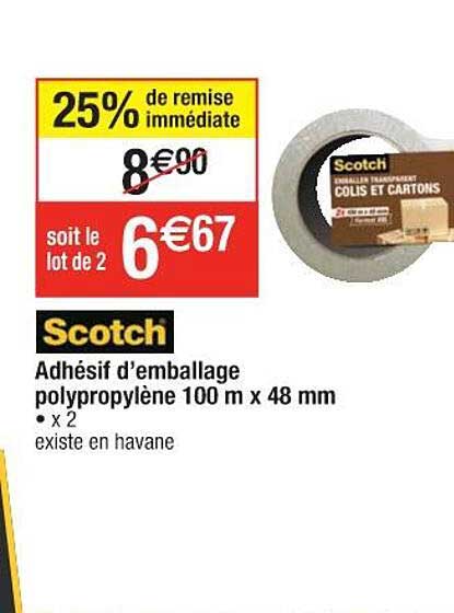 scotch adésif d'emballage polypropylène 100 m x 48 mm 25% remise immédiate