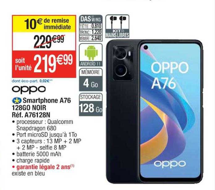 smartphone a76 128gb noir oppo