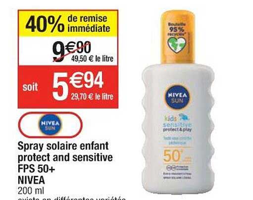 spray solaire enfant protect and sensitive fps 50+ nivea 40% remise immédiate