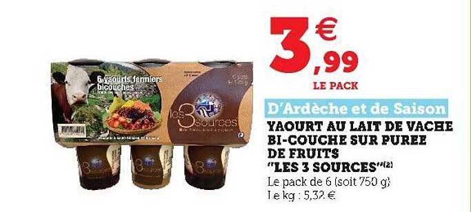 yaourt au lait de vache bi-couche sur purée de fruits "les 3 sources"