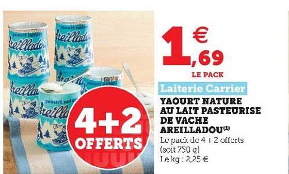 yaourt nature au lait pasteurisé de vache areilladou laiterie carrier