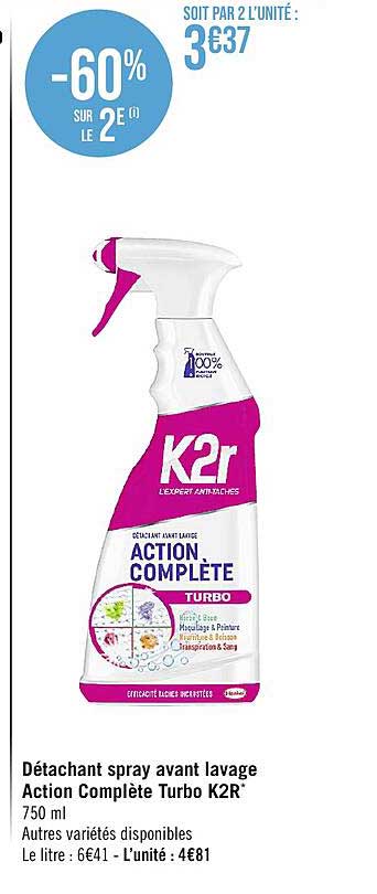 détachant spray avant lavage action complète turbo k2r