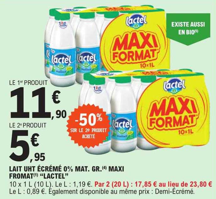 lait uht écrémé 0% mat.gr. maxi format "lactel"