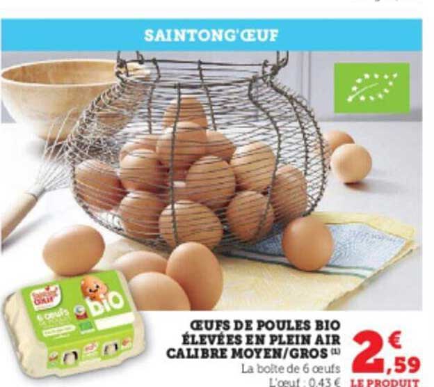 œufs de poules bio élevées en plein air calibre moyen-gros