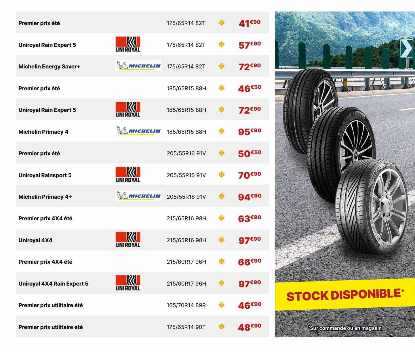 premier prix été, uniroyal rain expert 5, michelin energy saver+, michelin primacy 4, michelin primacy 4+, uniroyal 4x4, premier prix 4x4 été, uniroyal 4x4 rain expert 5, premier prix utilitaire été