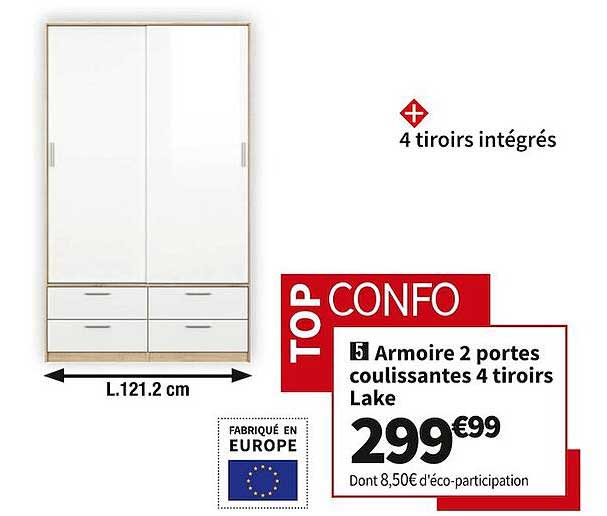 Armoire 2 Portes Coulissantes 4 Tiroirs Lake